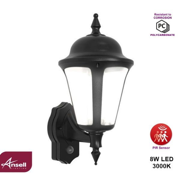 Ansell Latina Wall Lantern 8W LED 3000K PIR Black