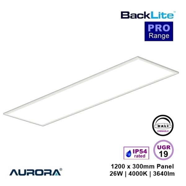 AURORA BackLite PRO 26W LED Panel 1200 x 300mm 4000K 3640lm IP54 DALI Dimmable