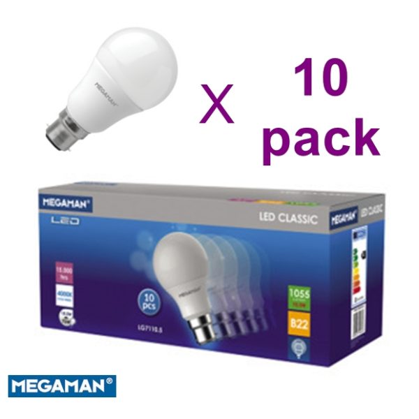 MEGAMAN 10 PACK LED 9.6W Opal Classic Bulb B22 Daylight White 6500K 1055lm