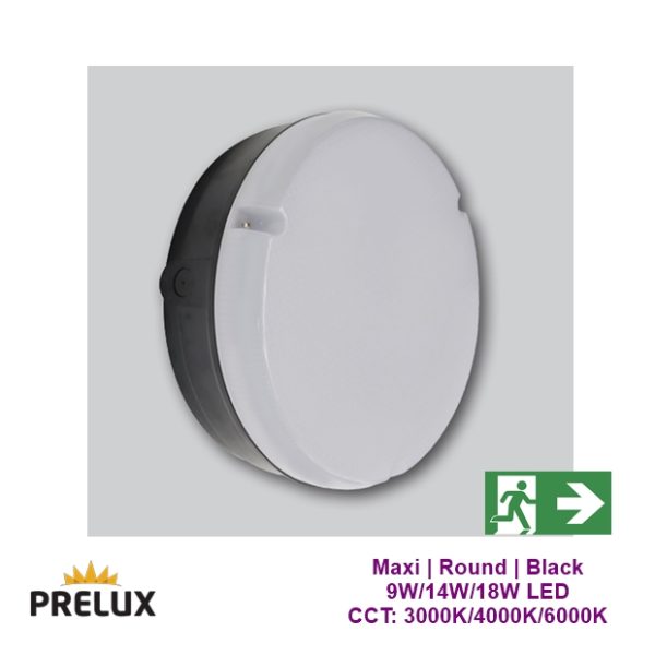 PRELUX Maxi Round LED Bulkhead CCT & Power Selectable Black IP65 Emergency