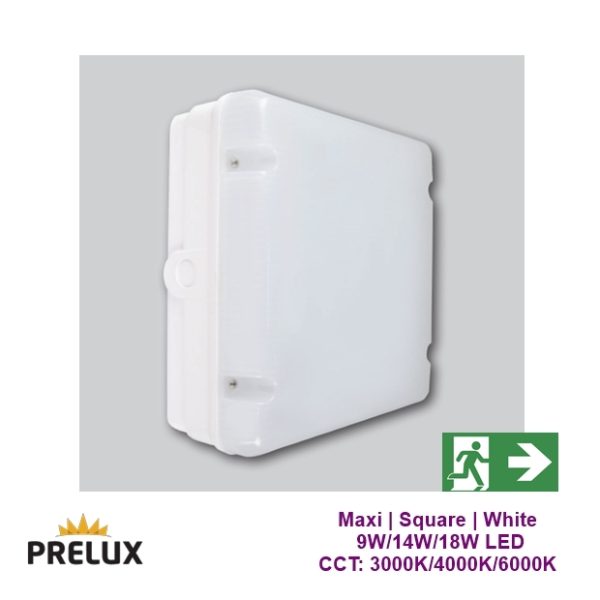 PRELUX Maxi Square LED Bulkhead CCT & Power Selectable White IP65 Emergency